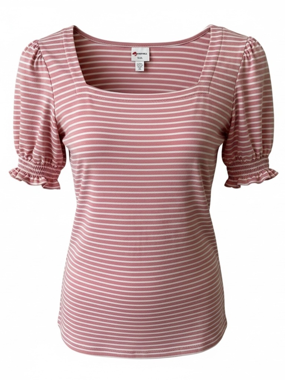 Striped Square-Neck Puff Sleeve Top - Rose/White